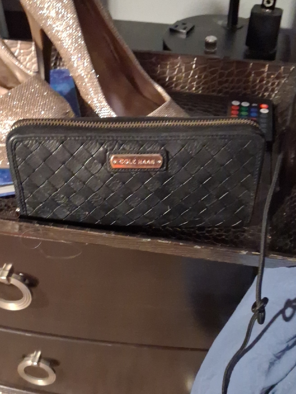 Cole Haan Black Woven Leather Zip Wallet